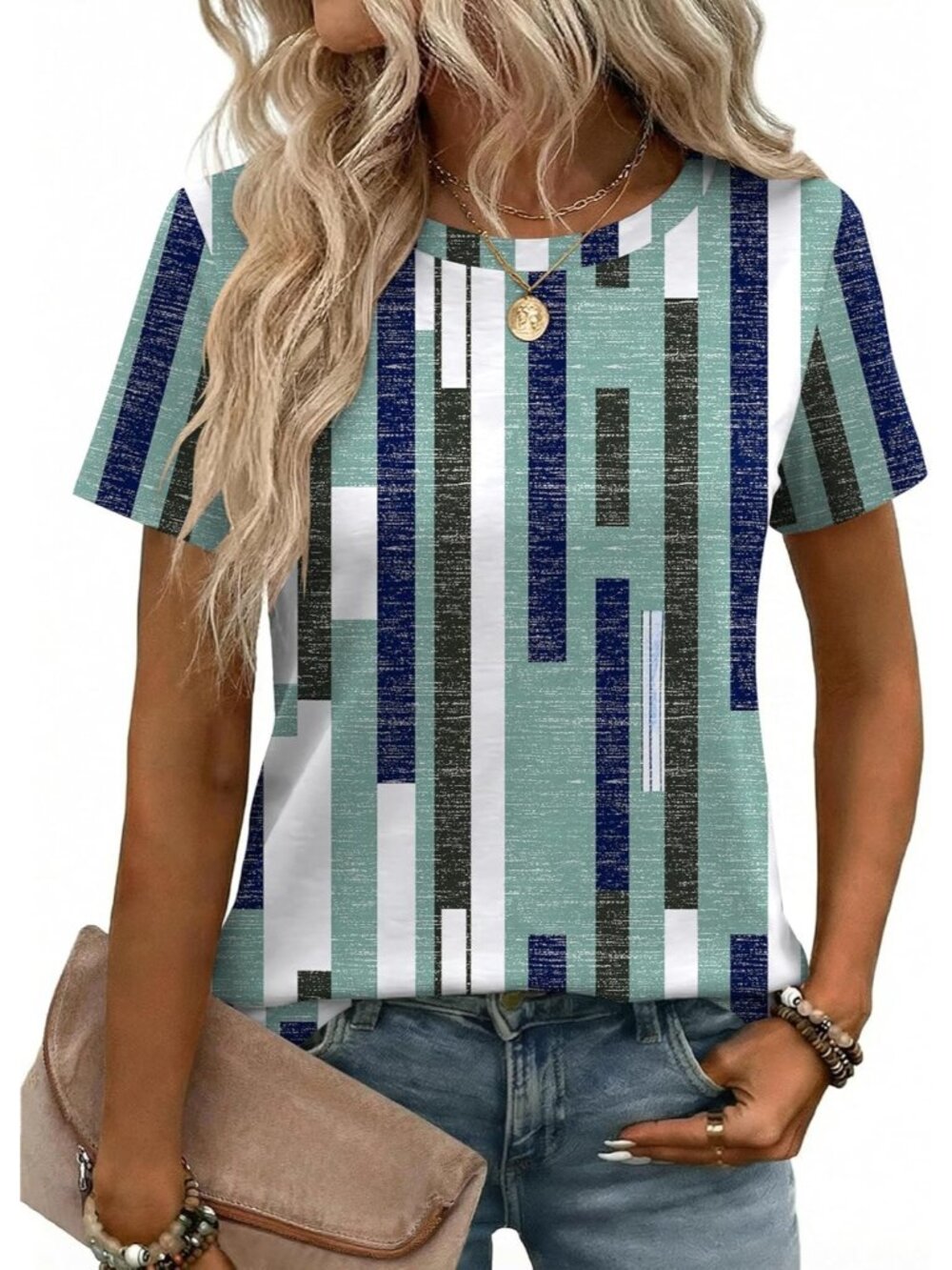 Women's Striped Green Short Sleeve Crew Neck Casual Basic Imported Tee Shirts